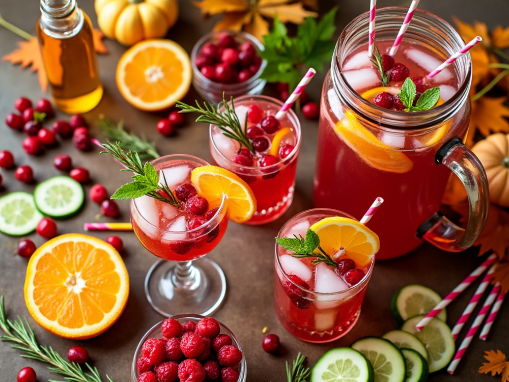 Cranberry rosemary lemonade served in a pitcher and glasses, with additional fruit and herb garnishes, displayed with seasonal decorations.