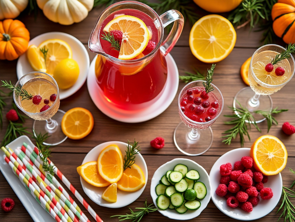 A pitcher of cranberry rosemary lemonade surrounded by various garnishes, including orange slices, cucumber, raspberries, and rosemary, displayed on a fall-themed table.