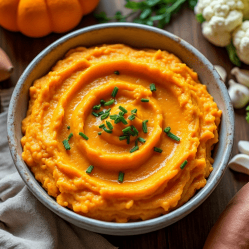 A close-up of creamy Sweet Potato and Cauliflower Mash garnished with fresh chives, with a rustic, autumn-themed background.