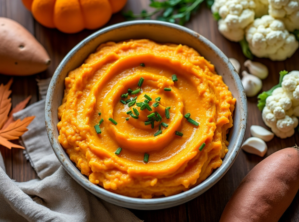 A close-up of creamy Sweet Potato and Cauliflower Mash garnished with fresh chives, with a rustic, autumn-themed background.