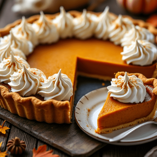 Sliced Maple Pumpkin Pie with Decorative Whipped Cream