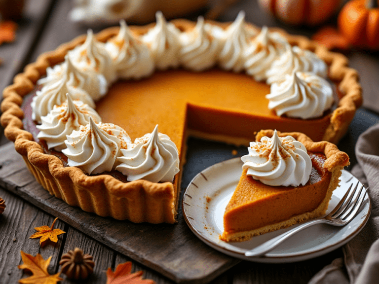 Sliced Maple Pumpkin Pie with Decorative Whipped Cream