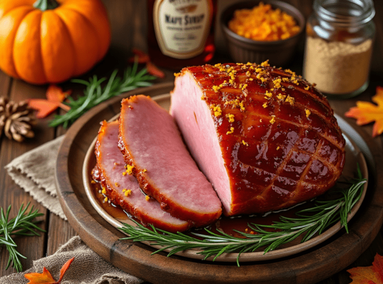 Sliced maple glazed ham with a caramelized finish on a wooden plate, surrounded by rosemary and autumn spices.