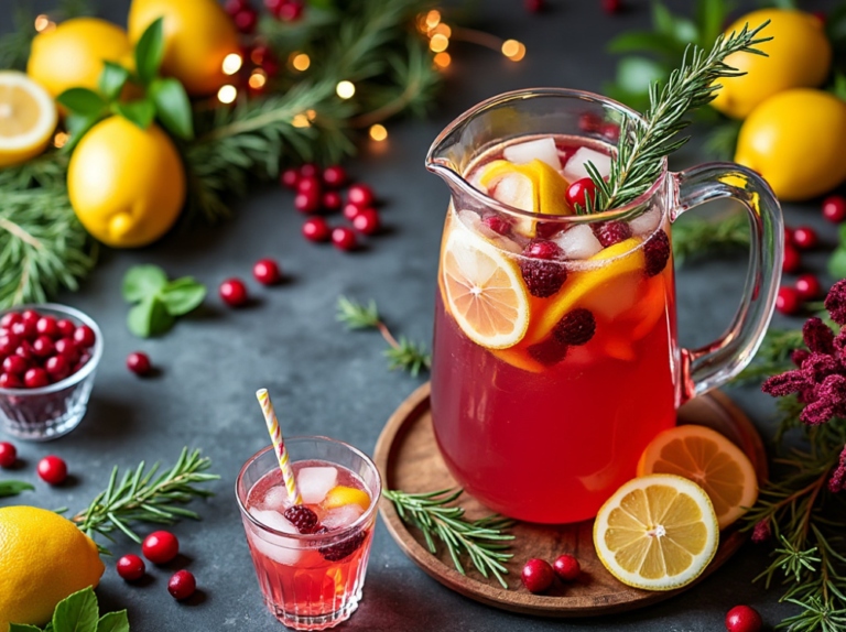 A pitcher and glass of cranberry rosemary lemonade, garnished with lemon, cranberries, and rosemary, surrounded by fresh ingredients and holiday decor.