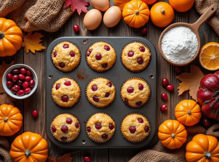 Cranberry orange muffins in a baking tray, surrounded by pumpkins, cranberries, and flour for a festive touch.