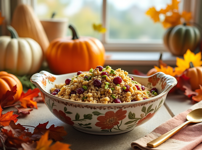 A close-up of Cranberry Pistachio Wild Rice in a floral bowl, with a bright kitchen window and fall decor in the background.