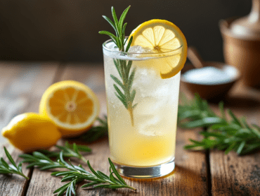 A classic Rosemary Gin Fizz cocktail served in a tall glass with a garnish of fresh rosemary and lemon.