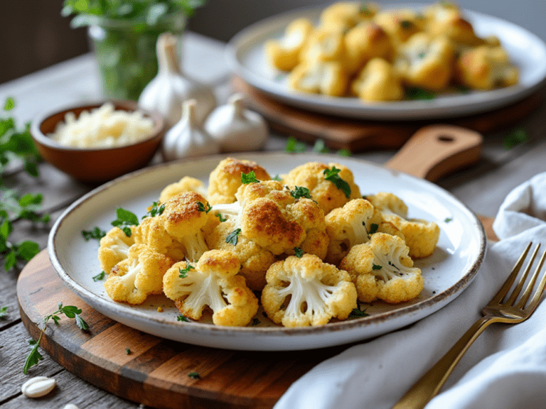 Garlic parmesan roasted cauliflower on a serving plate surrounded by fresh parsley and garlic cloves.