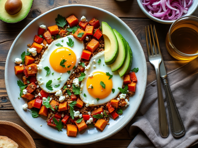 A balanced plate of Sweet Potato Hash with Eggs served with avocado slices and garnished with fresh parsley.