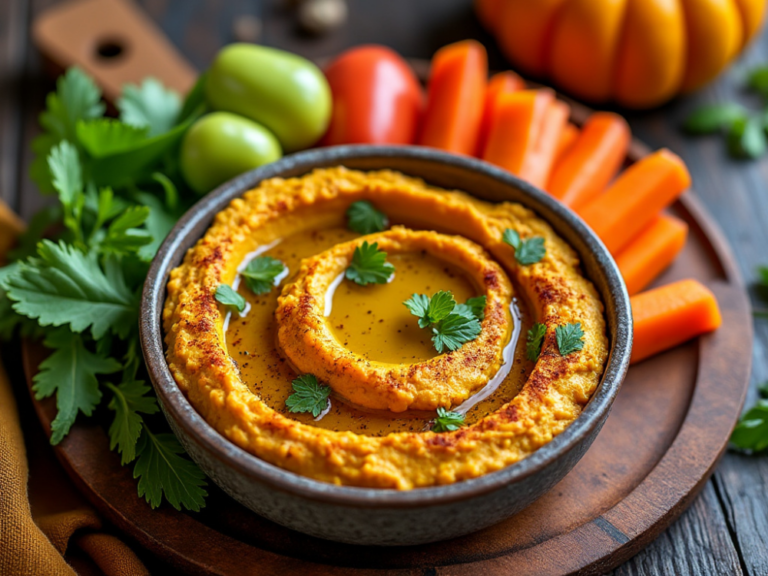 Close-up of creamy pumpkin hummus topped with olive oil, smoked paprika, and fresh parsley, served with carrot sticks and cherry tomatoes.