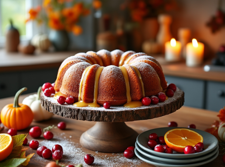 A Bundt cake with orange glaze and cranberries displayed on a rustic stand in a warm Thanksgiving setting.