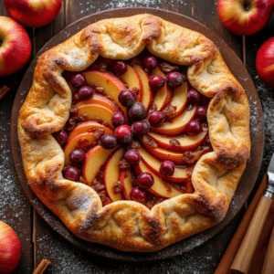 Rustic Apple and Cranberry Galette with golden crust and vibrant filling, surrounded by fresh apples and cinnamon sticks.