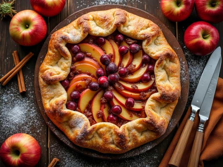 Rustic Apple and Cranberry Galette with golden crust and vibrant filling, surrounded by fresh apples and cinnamon sticks.