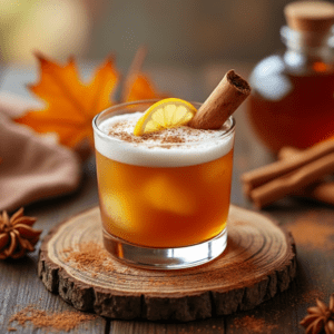 Cinnamon Maple Whiskey Sour garnished with a lemon slice and cinnamon stick on a wooden coaster.