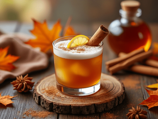 Cinnamon Maple Whiskey Sour garnished with a lemon slice and cinnamon stick on a wooden coaster.