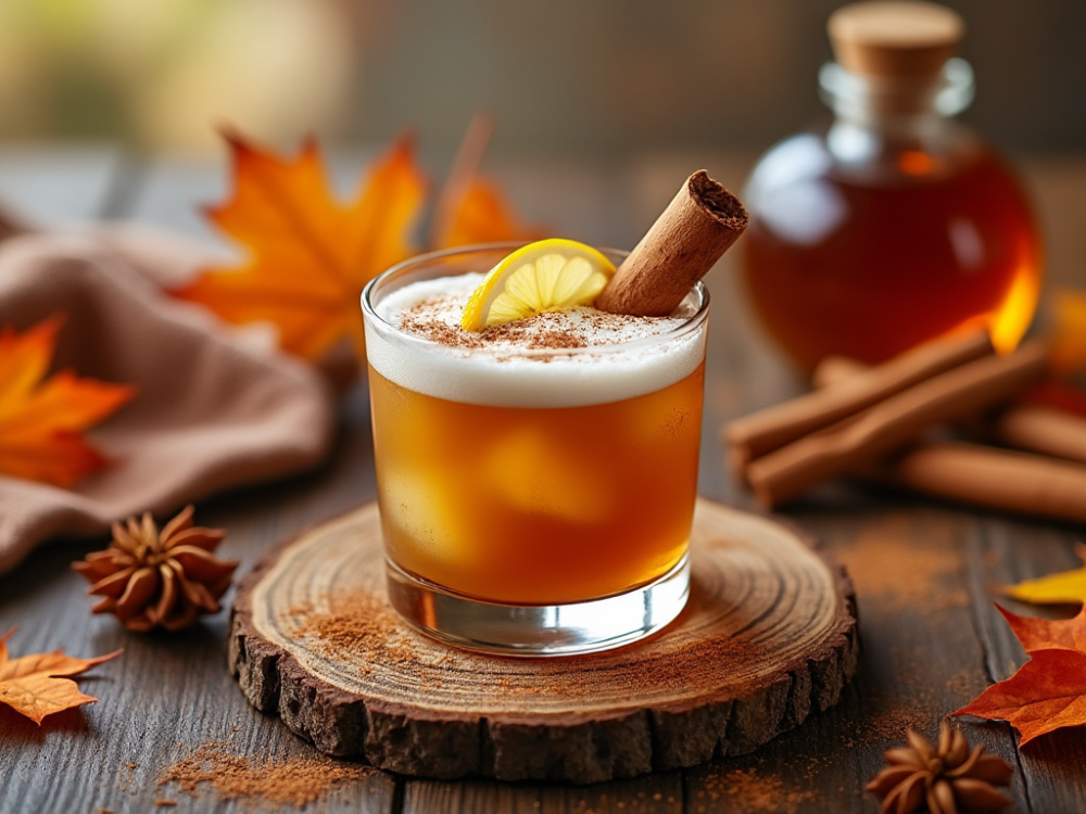 Cinnamon Maple Whiskey Sour garnished with a lemon slice and cinnamon stick on a wooden coaster.