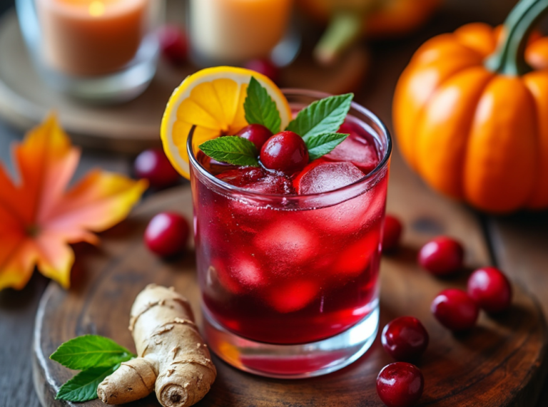 A single glass of cranberry ginger mocktail with cranberries, orange slice, and mint garnish, with pumpkins and leaves in the background.