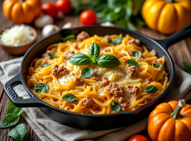 Spaghetti squash casserole with ground turkey, melted cheese, and fresh basil, served in a black cast-iron skillet on a rustic wooden table.