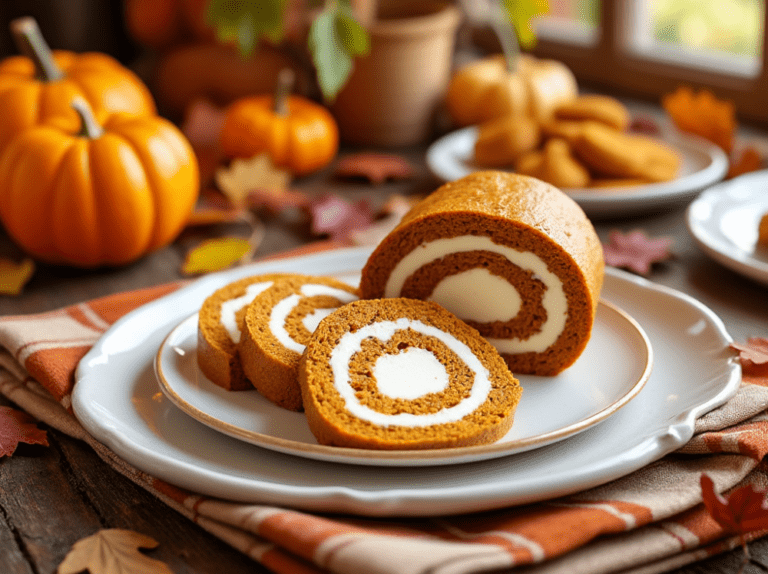 Slices of pumpkin roll arranged on a plate with a backdrop of small pumpkins and fall leaves.