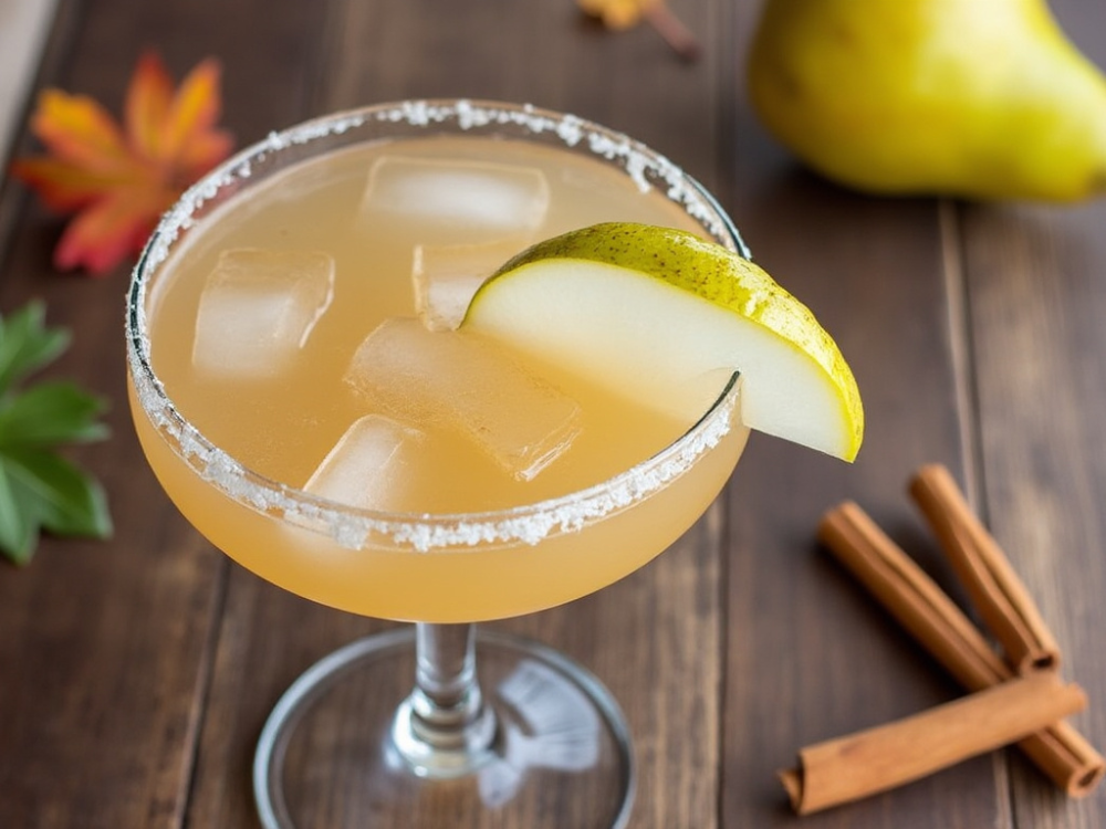 Classic margarita glass filled with Autumn Pear Margarita garnished with pear slice and a salted rim.