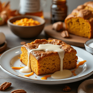 A slice of pumpkin spice bread pudding drizzled with white cream sauce, surrounded by ingredients such as eggs, pumpkin puree, and sugar, with warm fall decor.