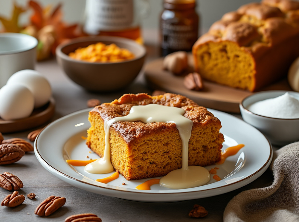 A slice of pumpkin spice bread pudding drizzled with white cream sauce, surrounded by ingredients such as eggs, pumpkin puree, and sugar, with warm fall decor.