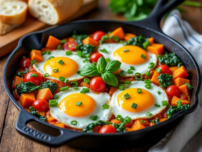 Egg and Sweet Potato Skillet with Spinach, Tomatoes, and Basil in a Cast-Iron Skillet