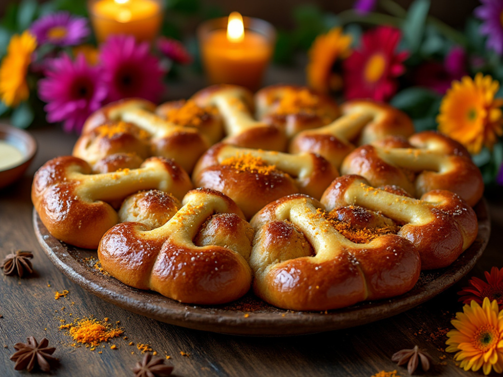 Golden Pan de Muertos bread with bone decorations, garnished with marigold petals and candles for Day of the Dead.