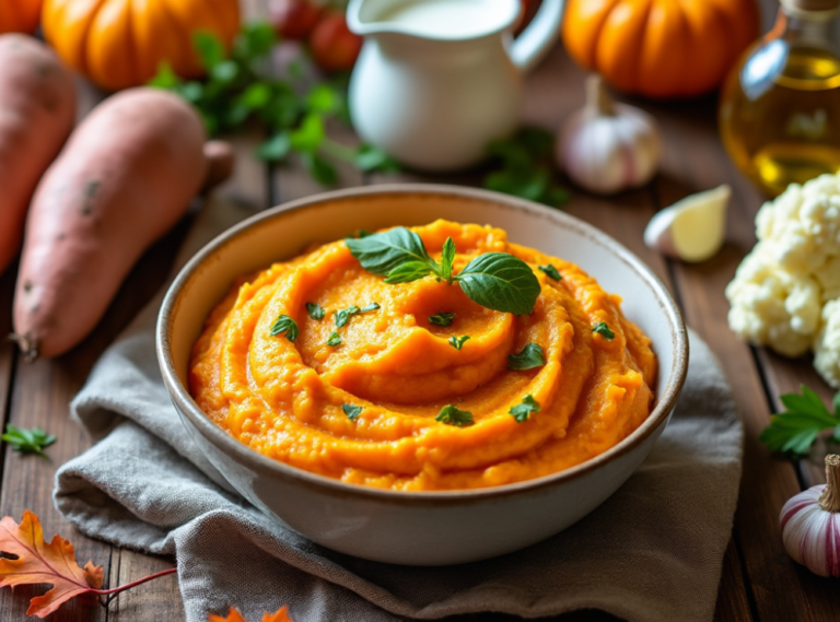 A bowl of Sweet Potato and Cauliflower Mash garnished with fresh basil leaves, set on a festive autumn table.