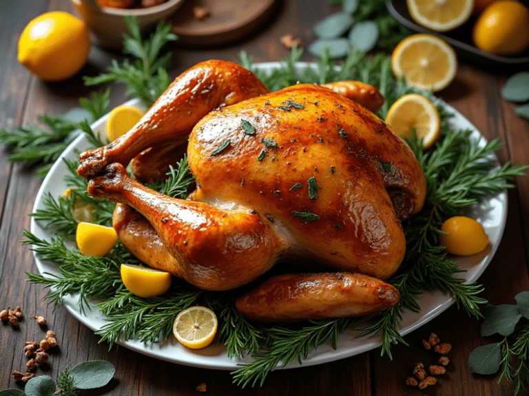 Garlic and herb-roasted turkey with sprigs of rosemary and lemon slices on a white platter