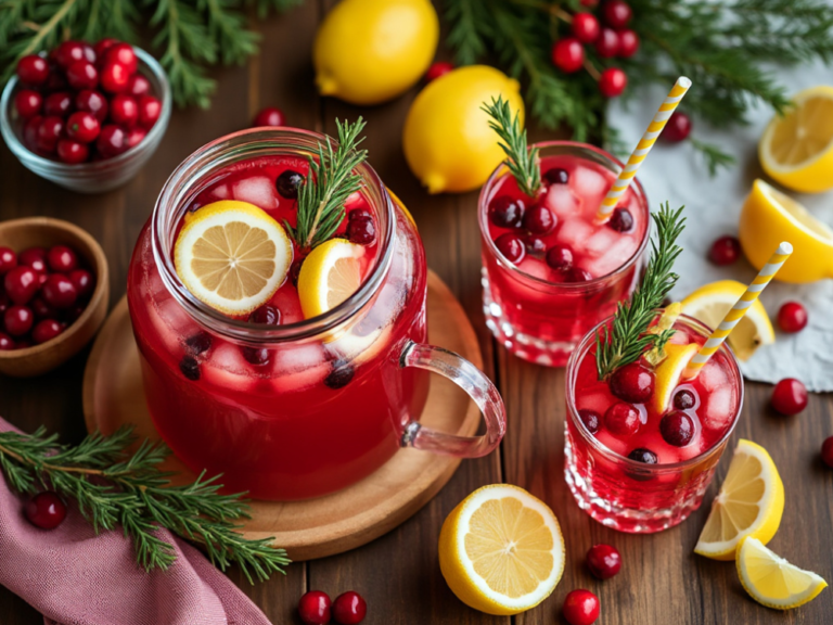 Cranberry rosemary lemonade served in a large pitcher and glasses, garnished with lemon slices, cranberries, and rosemary sprigs, surrounded by fresh ingredients.