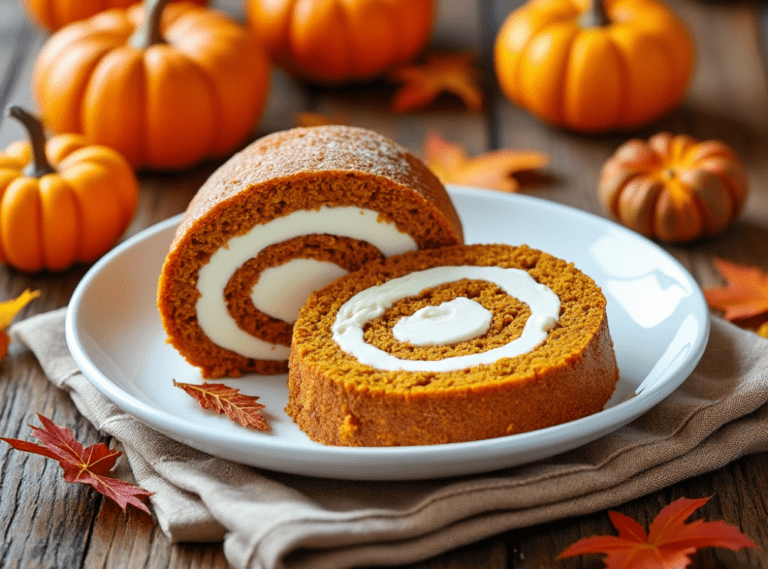 Text: A pumpkin roll slice with cream cheese filling on a plate, surrounded by orange mini pumpkins and scattered leaves.