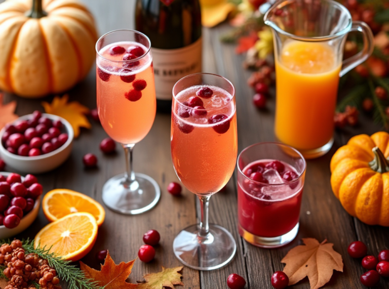 A rustic Thanksgiving spread featuring two glasses of Sparkling Cranberry Mimosas, cranberry juice, orange juice, and fall-themed decor.