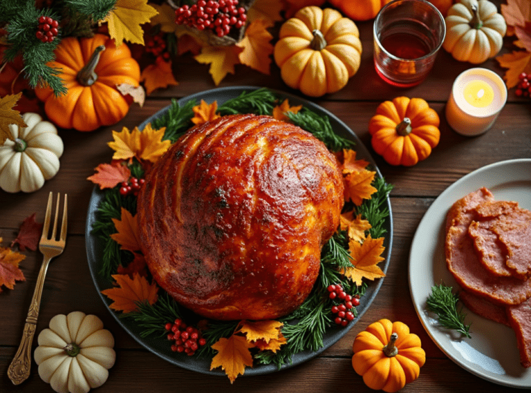 Whole maple glazed ham surrounded by miniature pumpkins, berries, and Thanksgiving table decor.