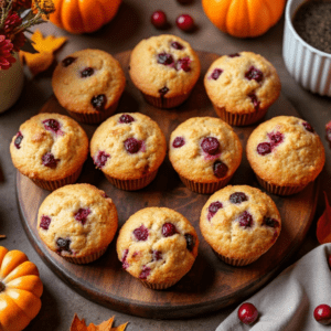 Golden cranberry orange muffins on a wooden platter with coffee and autumn flowers in the background.