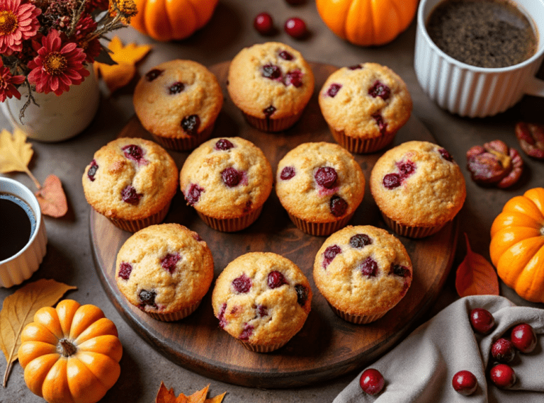 Golden cranberry orange muffins on a wooden platter with coffee and autumn flowers in the background.