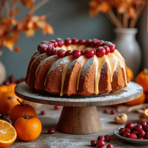 A Cranberry Orange Bundt Cake with cranberries and orange slices on a cake stand, surrounded by fall decorations.