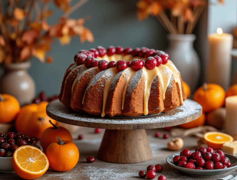 A Cranberry Orange Bundt Cake with cranberries and orange slices on a cake stand, surrounded by fall decorations.