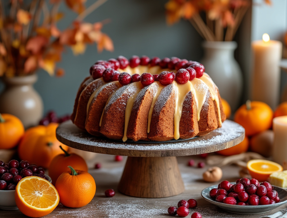 A Cranberry Orange Bundt Cake with cranberries and orange slices on a cake stand, surrounded by fall decorations.