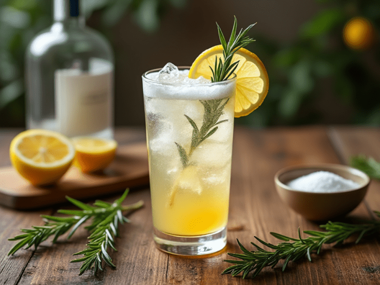 A glass of Rosemary Gin Fizz surrounded by fresh ingredients, including rosemary sprigs and lemons.