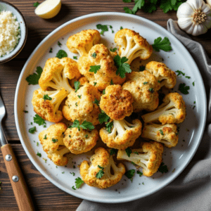 Top view of garlic parmesan roasted cauliflower on a white plate with fresh parsley and a side of grated parmesan.