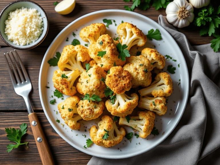 Top view of garlic parmesan roasted cauliflower on a white plate with fresh parsley and a side of grated parmesan.