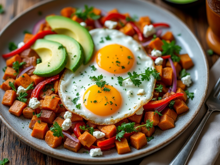 Close-up of Sweet Potato Hash with Eggs, featuring vibrant veggies, avocado slices, and crumbled feta cheese.