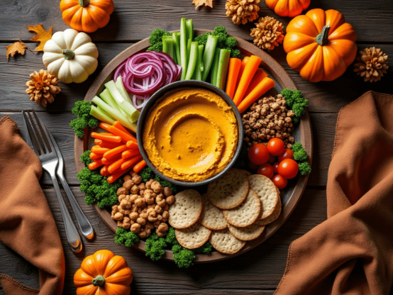 Pumpkin hummus surrounded by fresh vegetables, crackers, and cherry tomatoes on a wooden platter with festive fall elements.