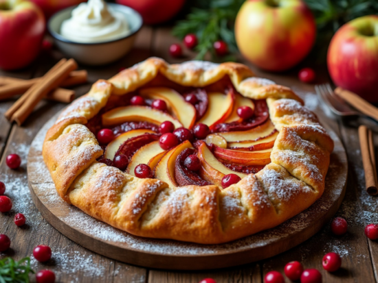 Apple and Cranberry Galette on a wooden board with powdered sugar and whipped cream.