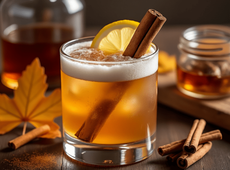 Close-up of a Cinnamon Maple Whiskey Sour in a glass with a lemon wedge and frothy top.