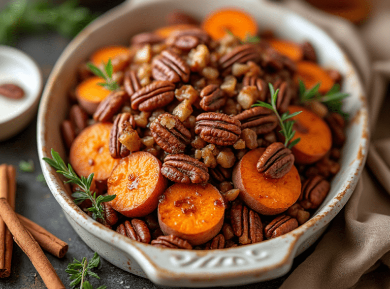 Sliced sweet potatoes with pecans and a sprinkle of cinnamon in a white baking dish.