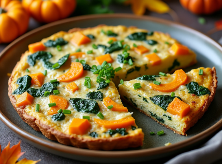 Sliced Butternut Squash and Spinach Frittata garnished with chives and fresh herbs