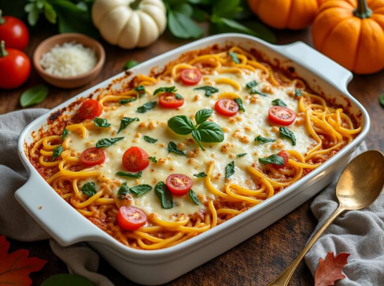 Cheesy baked spaghetti squash casserole served in a white baking dish, topped with fresh cherry tomatoes and basil, styled for a cozy fall dinner.