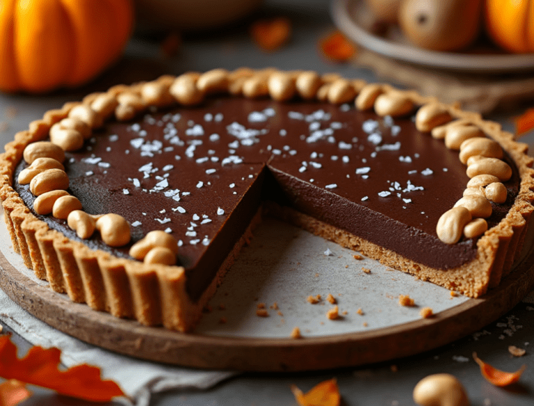 Chocolate hazelnut tart with a smooth chocolate filling and salted cashews arranged on top, set in a cozy autumn-themed kitchen.